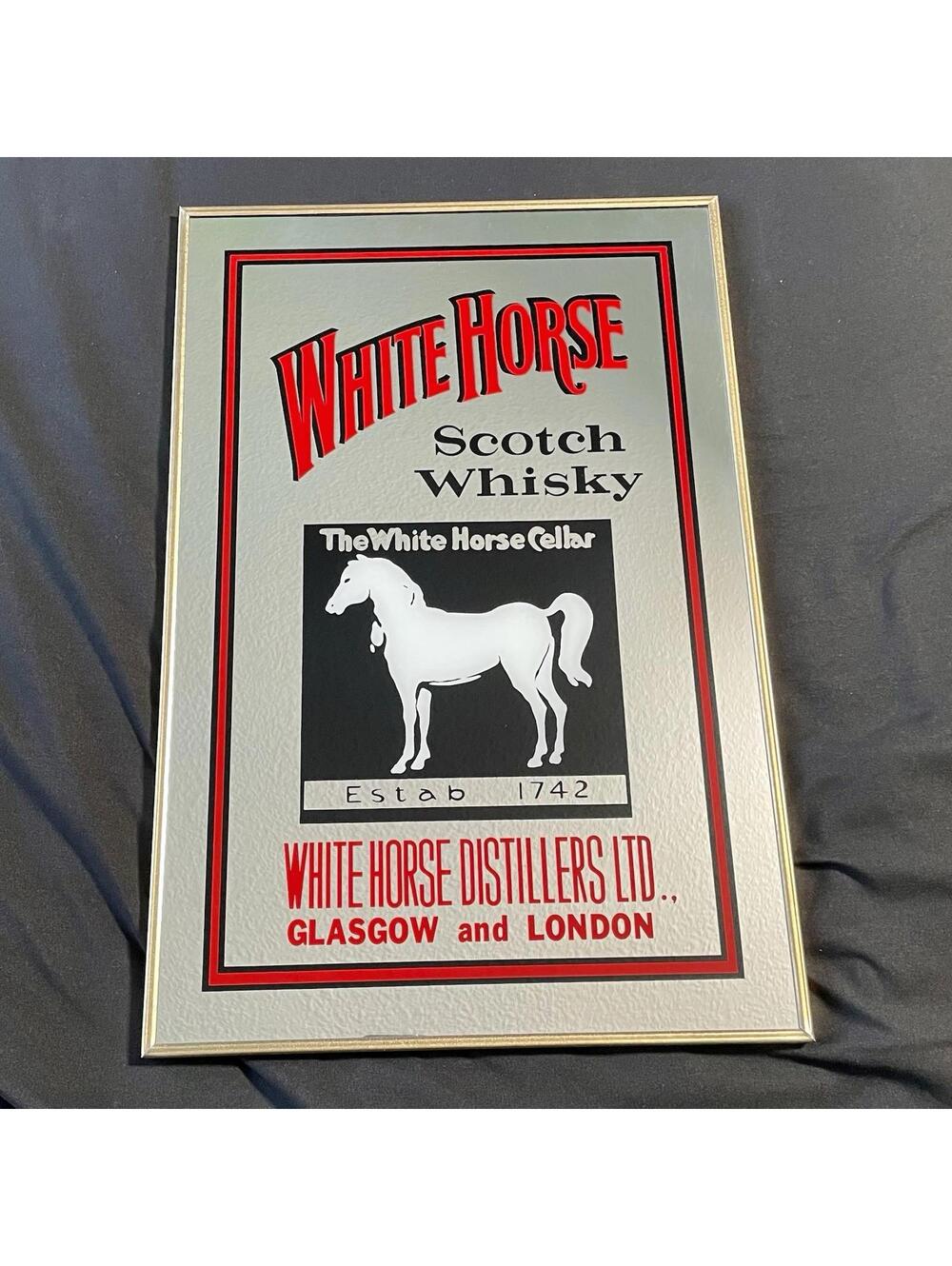 Vintage White Horse Scotch Whisky Advertisement Mirror Sign 18"x12" - Bar Decor